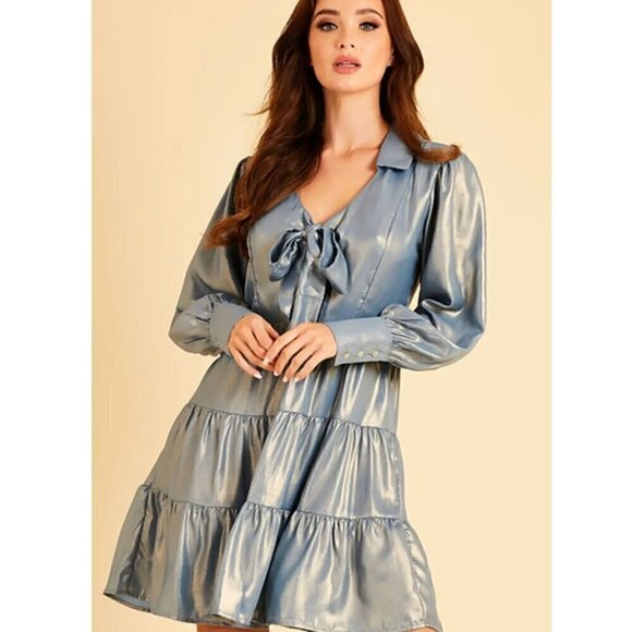 skirt and Stiletto Metallic Blue Mermaidcore Long Sleeve A Line Bow Dress - Picture 5 of 11